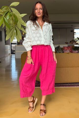 Made in Italy Pure Linen Classic 7/8 Pull On Pant Fuchsia